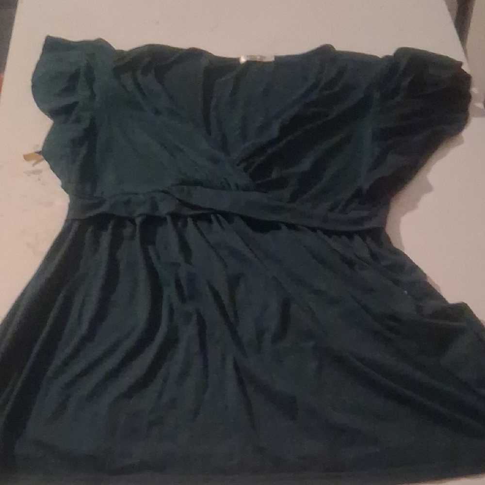 Ekouaer Dark Green V-Neck Empire Waist Flutter Sleeve Blouse L - Picture 2 of 6